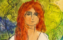 Girl in Garden　13.75" x 9.75"　Gouache/watercolor/ink on paper　